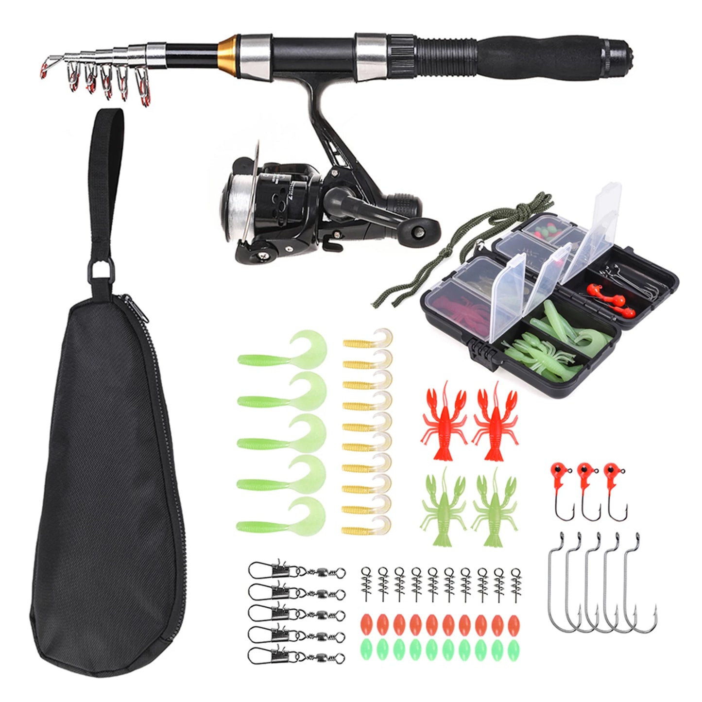US Fishing Rod/Reel Combo Full Kit 1.5m Telescopic Fishing Rod, Spinning Reel Set with Hook Soft Lures, and Barrel Swivels Storage Bag