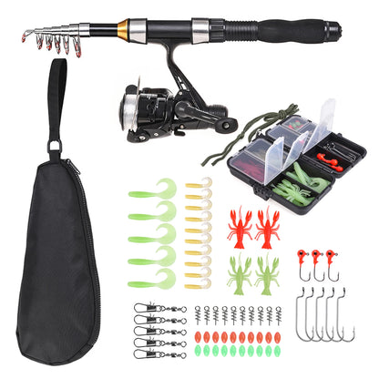US Fishing Rod/Reel Combo Full Kit 1.5m Telescopic Fishing Rod, Spinning Reel Set with Hook Soft Lures, and Barrel Swivels Storage Bag