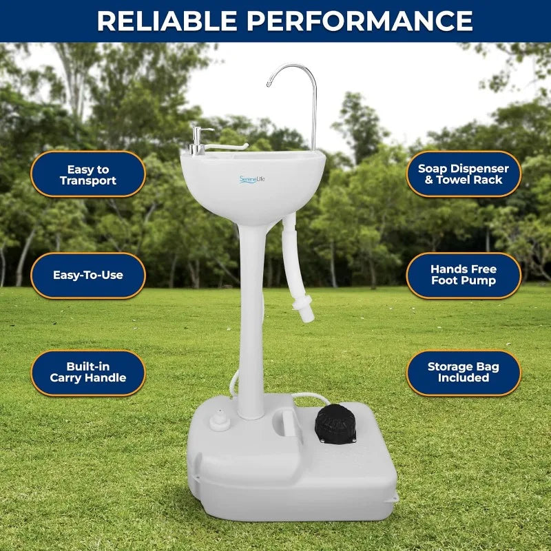 SereneLife Portable Camping Sink with 19L Water Tank, Hands-Free Foot Pump, Soap Dispenser & Towel Holder, with Carry Handle