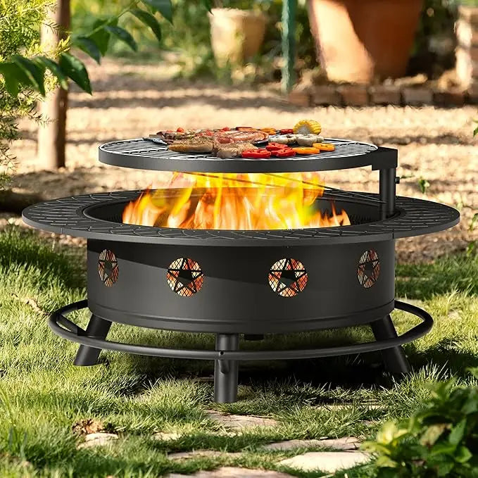 43 Inch Fire Pit with BBQ Grill,  for Outside with Lid & Poker