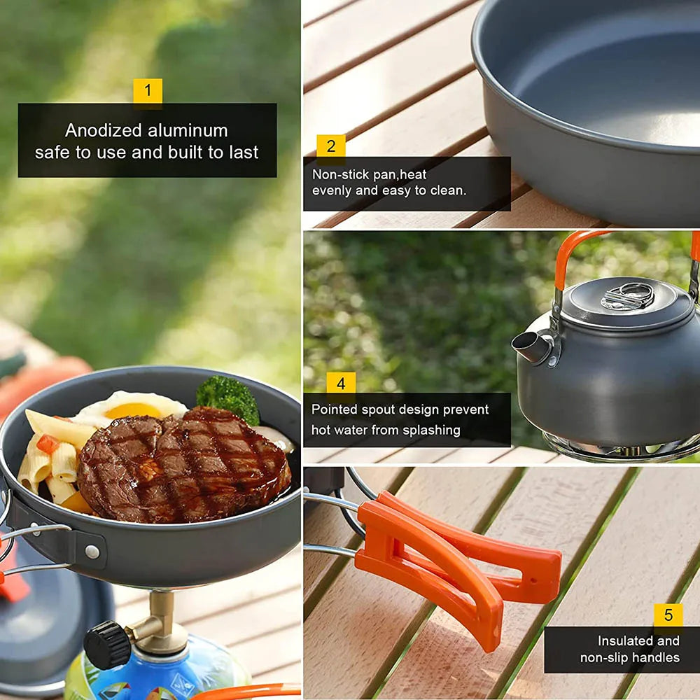 Portable Outdoor Camping Cookware Set, Lightweight Backpacking Pot and Pan Kit for Hiking