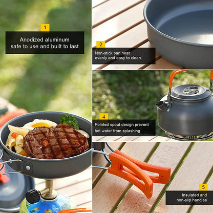 Portable Outdoor Camping Cookware Set, Lightweight Backpacking Pot and Pan Kit for Hiking