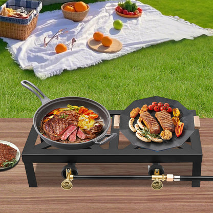 Portable Double Burner Outdoor Gas Stove, Propane Cooker with Adjustable 0-10Psi Regulator Hose for Patio, Camping, BBQ, Home
