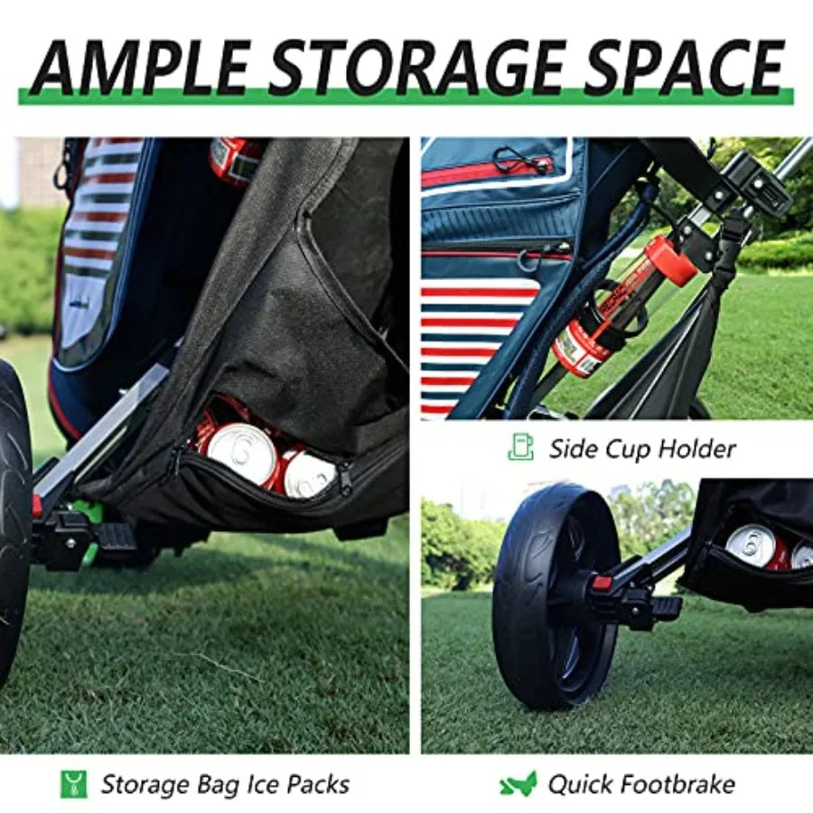 Golf Push Cart for Golf Clubs and Bag, 3-Wheel Folding Design with Scorecard, Phone Holder and Storage Bag
