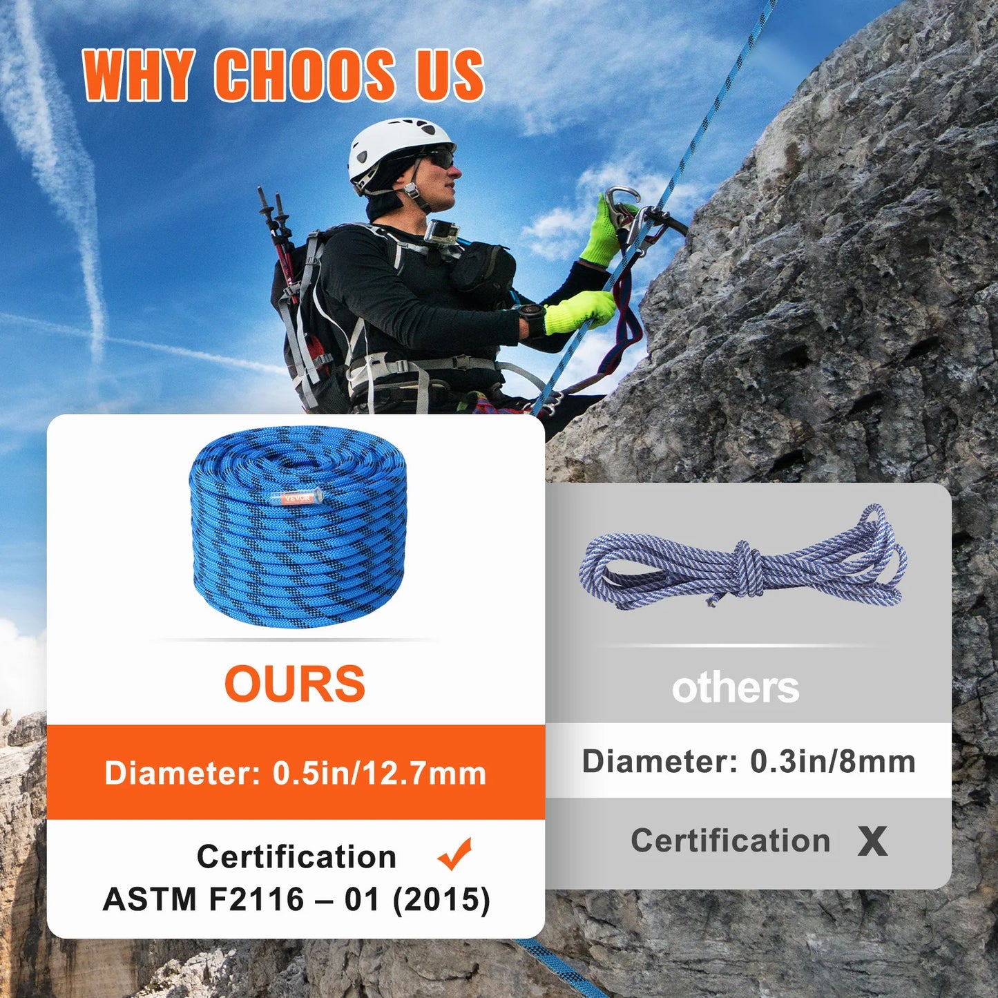 VEVOR 12.7mm Static Climbing Rope, 125/150/200ft Outdoor Rock Climbing Rope 30KN Breaking Tension Fiber Rope w/ Steel Snap Hooks