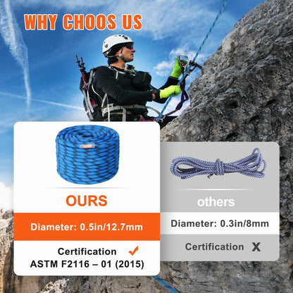 VEVOR 12.7mm Static Climbing Rope, 125/150/200ft Outdoor Rock Climbing Rope 30KN Breaking Tension Fiber Rope w/ Steel Snap Hooks