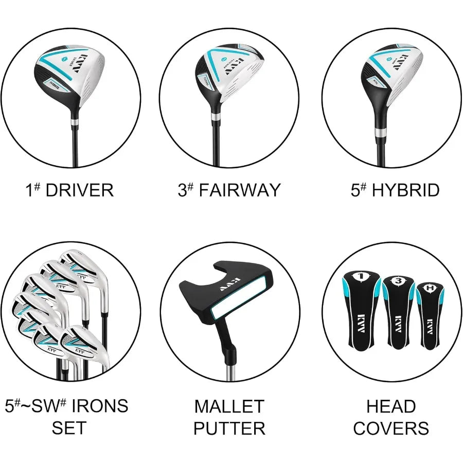 Premium Right Hand Golf Club Set 11-Piece Set for Women, Including Drive, Fairway Hybrid, 5-P Irons & Putter, Steel Shaft Regular Fl