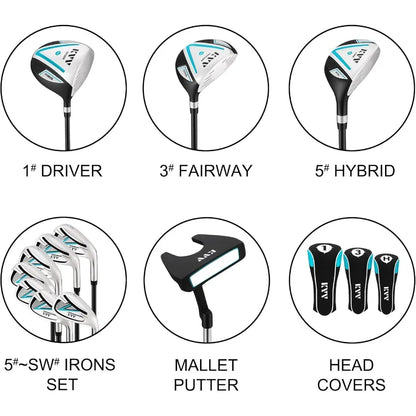 Premium Right Hand Golf Club Set 11-Piece Set for Women, Including Drive, Fairway Hybrid, 5-P Irons & Putter, Steel Shaft Regular Fl