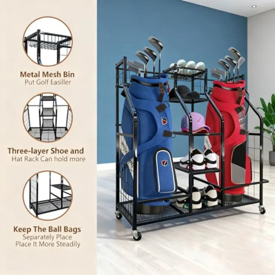 Golf Bag Storage Organizer Stand with Wheels - Heavy Duty Steel Rack Holds 2 Golf Bags with Central Storage Shelf for Golf Ball