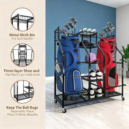 Golf Bag Storage Organizer Stand with Wheels - Heavy Duty Steel Rack Holds 2 Golf Bags with Central Storage Shelf for Golf Ball