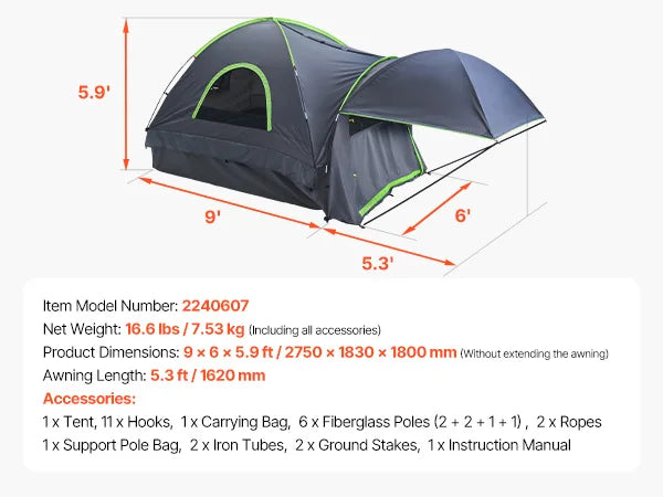 SucceBuy Pickup Truck Tent for Camping, Waterproof PU2000 2-3 Person Truck Bed Tent with Expandable Awning
