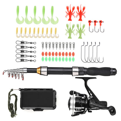 US Fishing Rod/Reel Combo Full Kit 1.5m Telescopic Fishing Rod, Spinning Reel Set with Hook Soft Lures, and Barrel Swivels Storage Bag