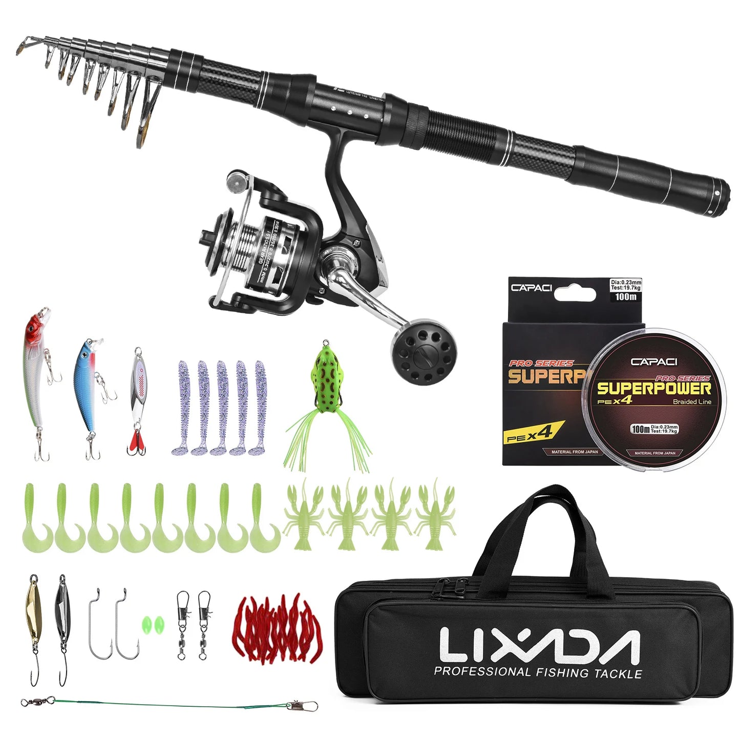 NEW Fishing Rod and Reel Combo, Portable, With Fishing Line Lures Carry Bag