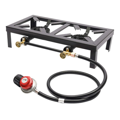 Portable Double Burner Outdoor Gas Stove, Propane Cooker with Adjustable 0-10Psi Regulator Hose for Patio, Camping, BBQ, Home