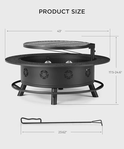 43 Inch Fire Pit with BBQ Grill,  for Outside with Lid & Poker
