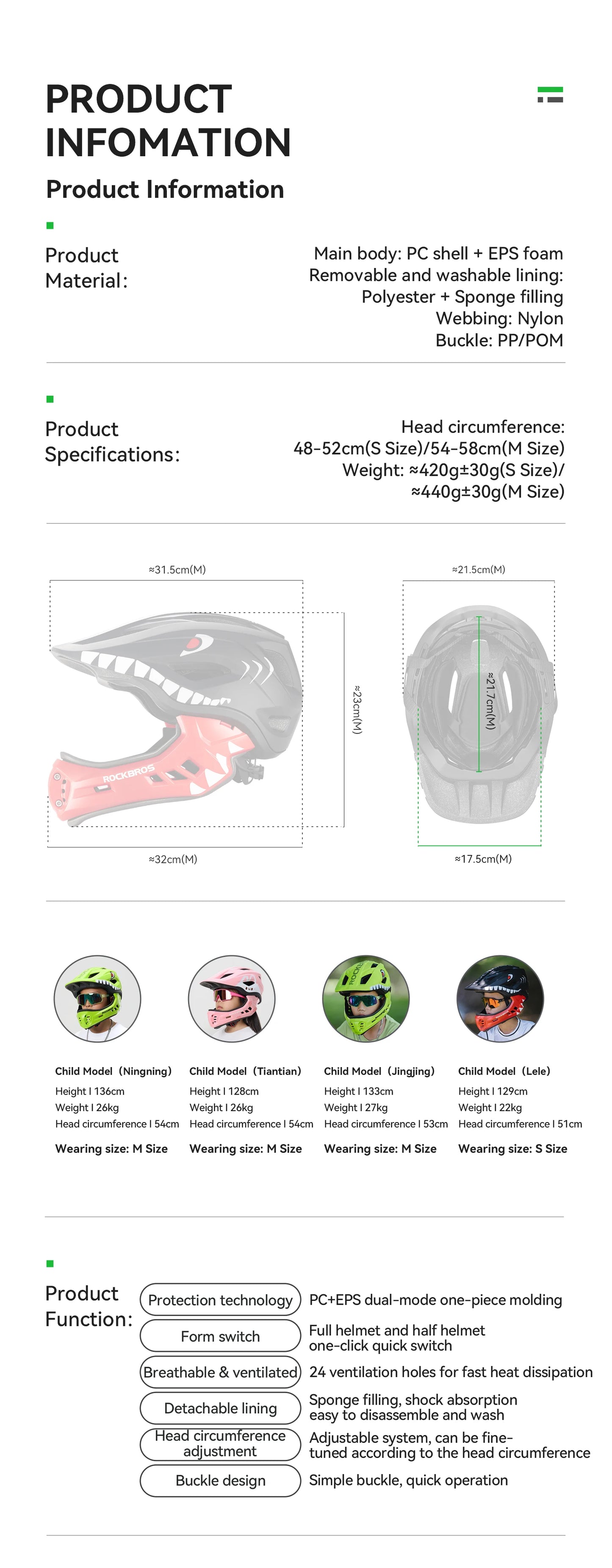ROCKBROS Child Cycling Helmet, Impact Resistant Detachable Full Face Helmet