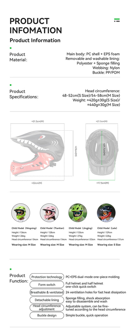 ROCKBROS Child Cycling Helmet, Impact Resistant Detachable Full Face Helmet