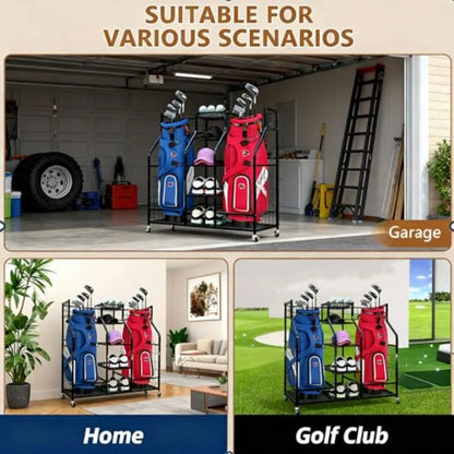 Golf Bag Storage Organizer Stand with Wheels - Heavy Duty Steel Rack Holds 2 Golf Bags with Central Storage Shelf for Golf Ball