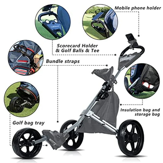 Golf Push Cart for Golf Clubs and Bag, 3-Wheel Folding Design with Scorecard, Phone Holder and Storage Bag