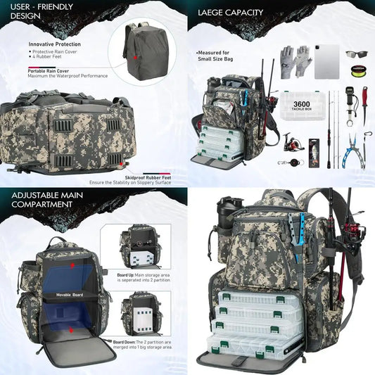 Piscifun Fishing Backpack with 2 Rod Holders & 4 Tackle Boxes, Large Tackle Storage Bag With Rain Cover for Fishing Gear