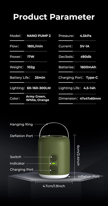 WESTTUNE Tiny Air Pump with Camping Lantern, 4.5kPa Air Pump with Magnetic Design for Inflatable Air Mattress  or Sleeping Pads