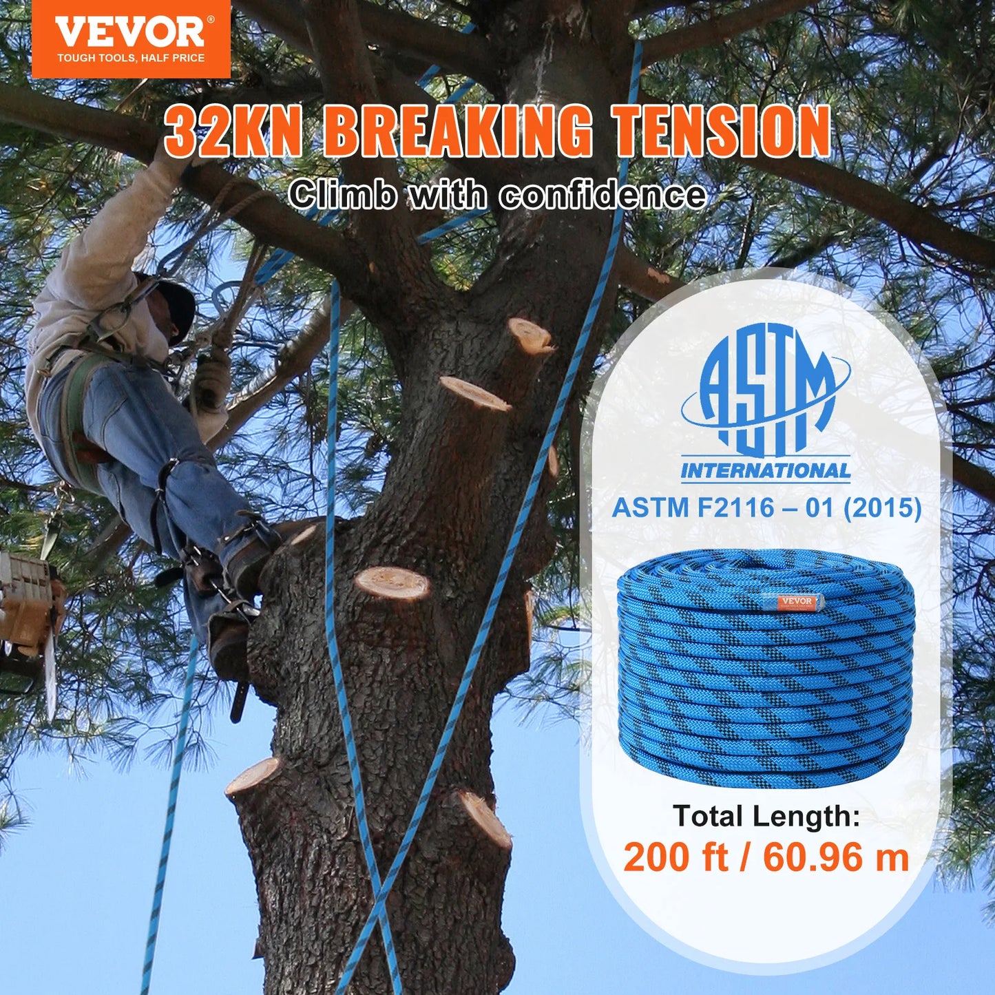 VEVOR 12.7mm Static Climbing Rope, 125/150/200ft Outdoor Rock Climbing Rope 30KN Breaking Tension Fiber Rope w/ Steel Snap Hooks