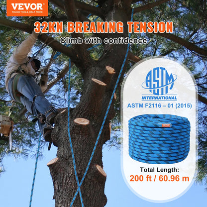 VEVOR 12.7mm Static Climbing Rope, 125/150/200ft Outdoor Rock Climbing Rope 30KN Breaking Tension Fiber Rope w/ Steel Snap Hooks