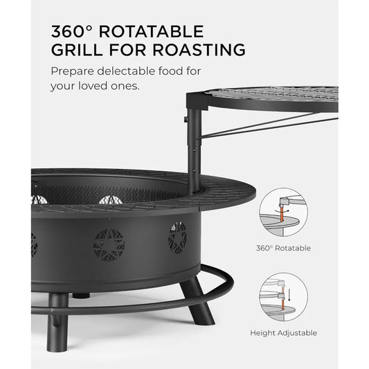 43 Inch Fire Pit with BBQ Grill,  for Outside with Lid & Poker