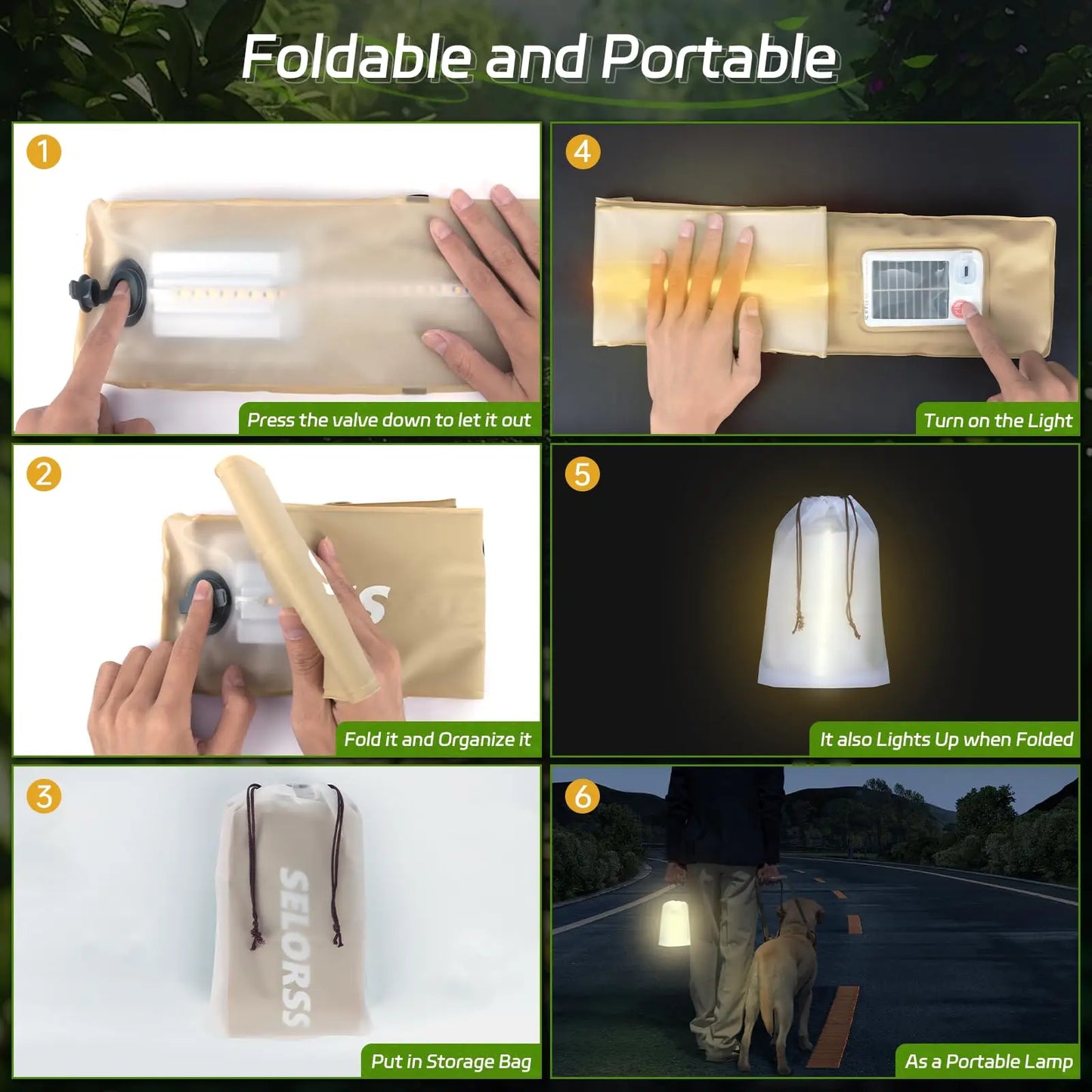 SELORSS Solar Camping Lantern 2000mAh Folding Portable Camping Light, Waterproof, USB-Type C