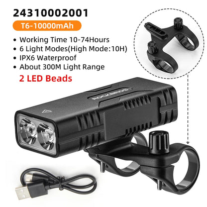 ROCKBROS Bicycle Light  2T6 LED 10W 10000 mAh Bike Front Lamp