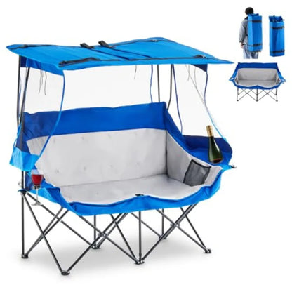 Double Camping Chair with Canopy Shade with Cup Holders and Side Pockets Portable