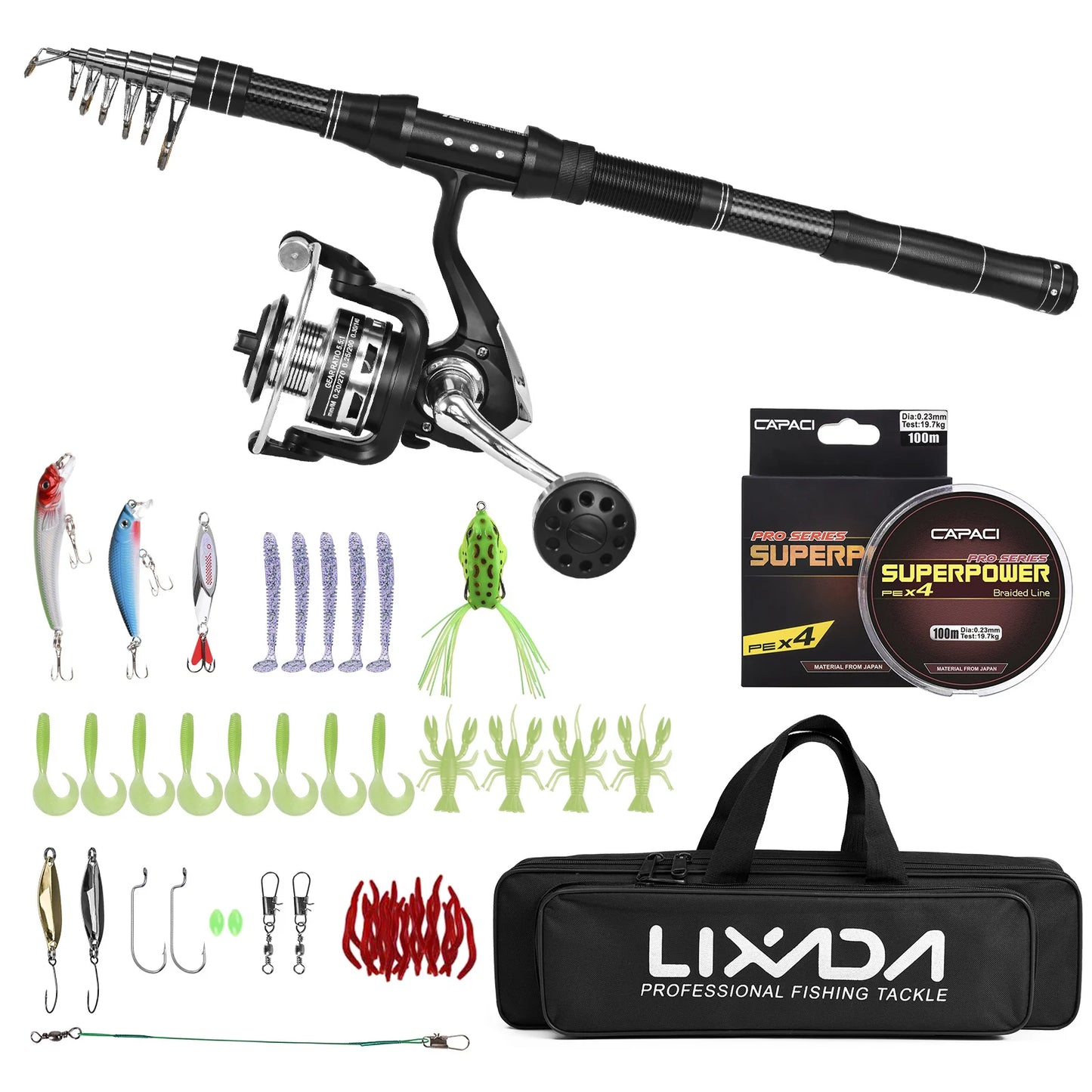NEW Fishing Rod and Reel Combo, Portable, With Fishing Line Lures Carry Bag