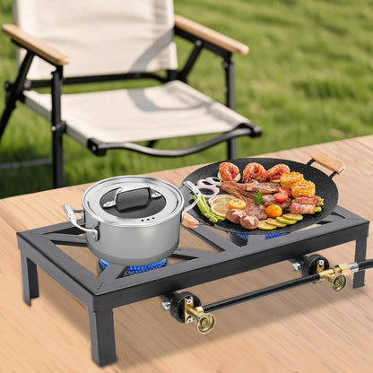 Portable Double Burner Outdoor Gas Stove, Propane Cooker with Adjustable 0-10Psi Regulator Hose for Patio, Camping, BBQ, Home