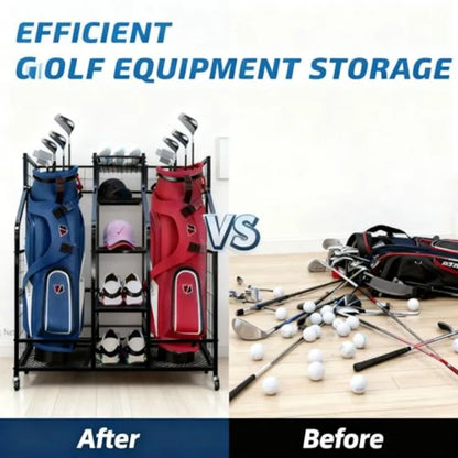Golf Bag Storage Organizer Stand with Wheels - Heavy Duty Steel Rack Holds 2 Golf Bags with Central Storage Shelf for Golf Ball