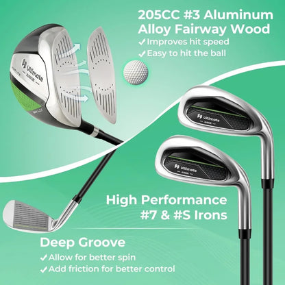 Right Hand Junior Complete Golf Club Set for Age 5-7, with 205CC 3 Fairway Wood, 7 and S Irons, Putter Head Cover & Rain Hood