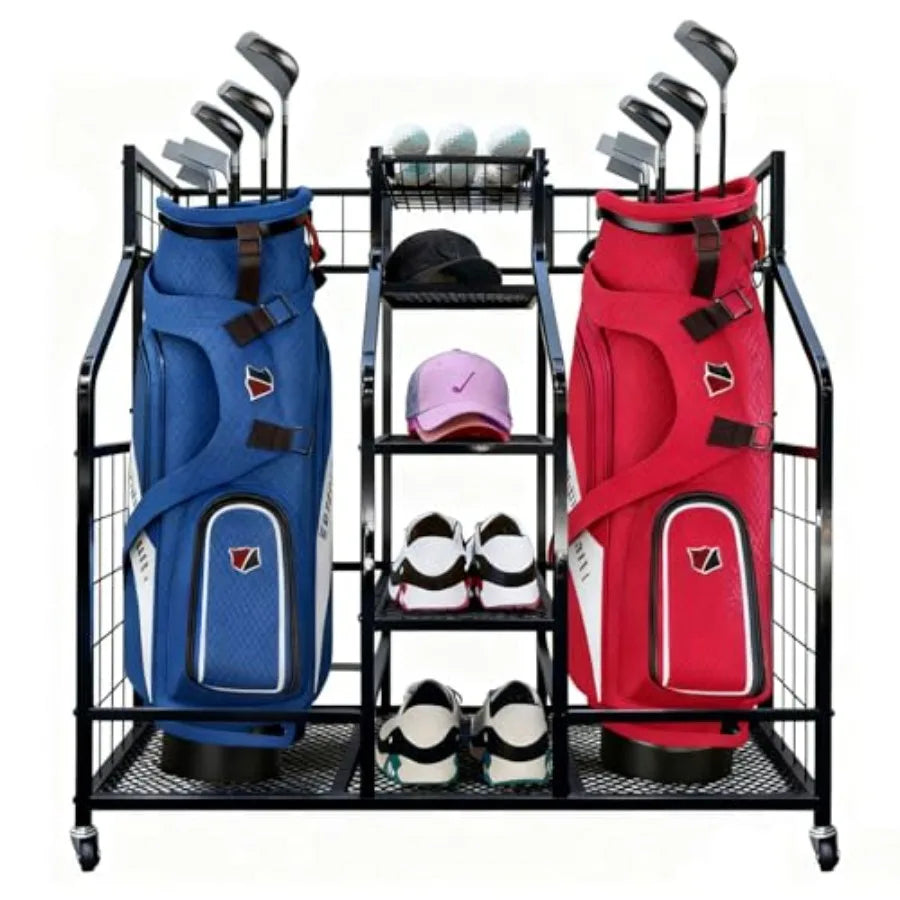 Golf Bag Storage Organizer Stand with Wheels - Heavy Duty Steel Rack Holds 2 Golf Bags with Central Storage Shelf for Golf Ball