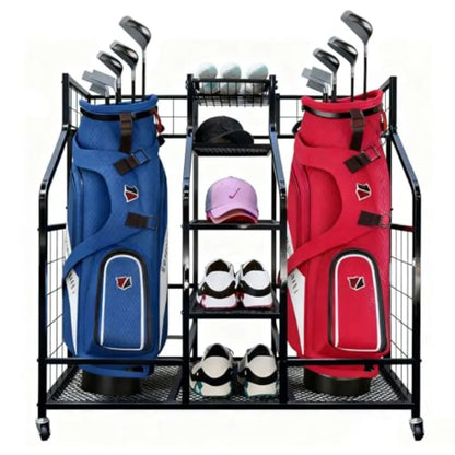 Golf Bag Storage Organizer Stand with Wheels - Heavy Duty Steel Rack Holds 2 Golf Bags with Central Storage Shelf for Golf Ball