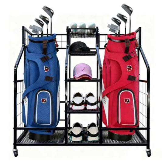 Golf Bag Storage Organizer Stand with Wheels - Heavy Duty Steel Rack Holds 2 Golf Bags with Central Storage Shelf for Golf Ball