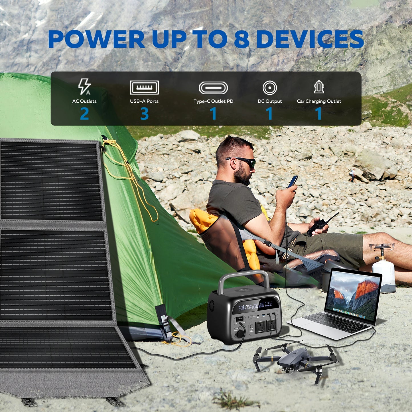 CTOLITY Camping Power Station 500W Portable Solar Generator 345Wh Lifepo4 Battery AC Output 100W 20.5V Flexible Solar Pane USB
