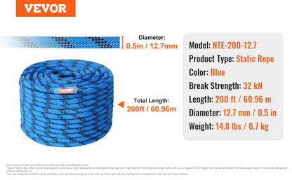 VEVOR 12.7mm Static Climbing Rope, 125/150/200ft Outdoor Rock Climbing Rope 30KN Breaking Tension Fiber Rope w/ Steel Snap Hooks