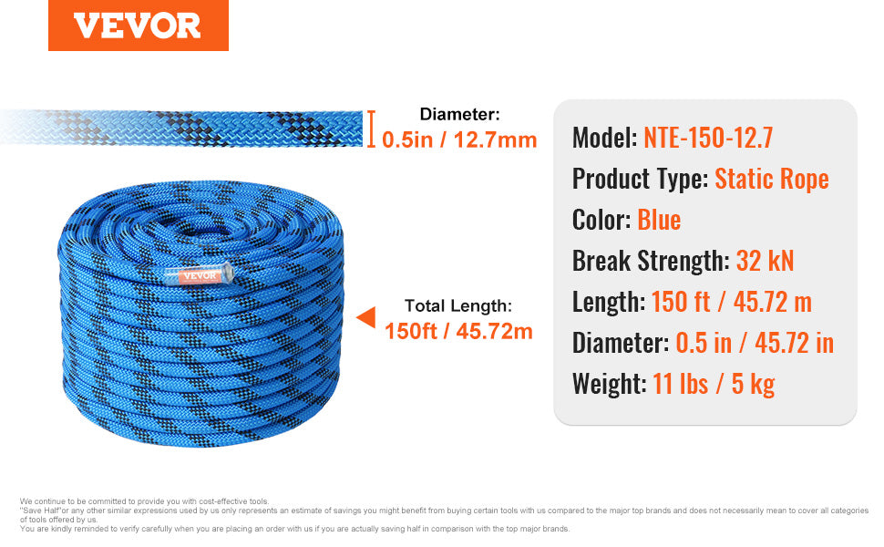 VEVOR 12.7mm Static Climbing Rope, 125/150/200ft Outdoor Rock Climbing Rope 30KN Breaking Tension Fiber Rope w/ Steel Snap Hooks