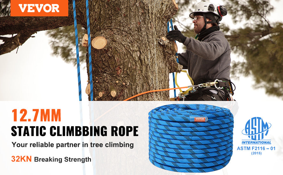 VEVOR 12.7mm Static Climbing Rope, 125/150/200ft Outdoor Rock Climbing Rope 30KN Breaking Tension Fiber Rope w/ Steel Snap Hooks