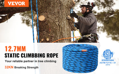 VEVOR 12.7mm Static Climbing Rope, 125/150/200ft Outdoor Rock Climbing Rope 30KN Breaking Tension Fiber Rope w/ Steel Snap Hooks