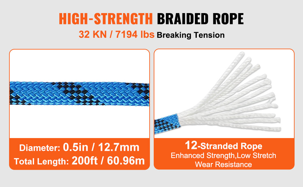 VEVOR 12.7mm Static Climbing Rope, 125/150/200ft Outdoor Rock Climbing Rope 30KN Breaking Tension Fiber Rope w/ Steel Snap Hooks